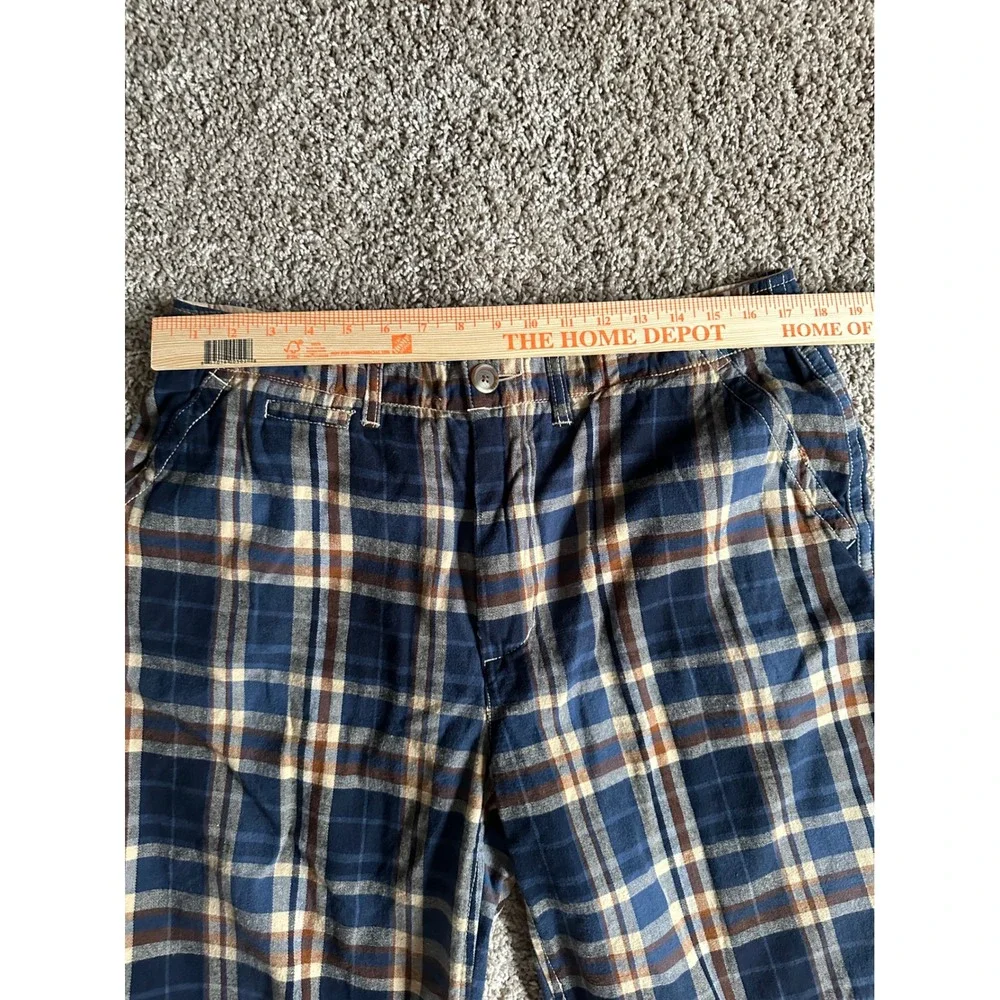 Vintage Plaid Mens Navy Blue Tan Brown Check Cotton Shorts Size 36 Heavy Washed